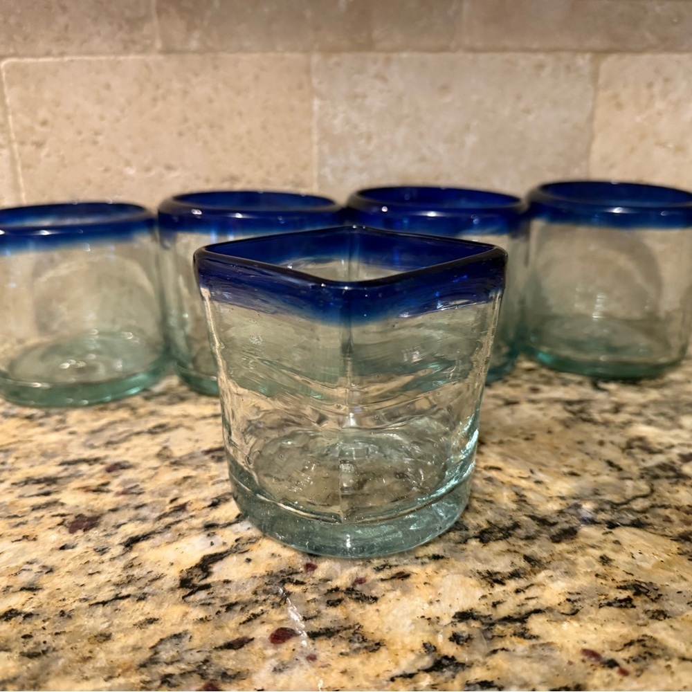 Blown Glass from Mexico Vintage CobaltBlue Rim Set of 4 Tumblers - see below